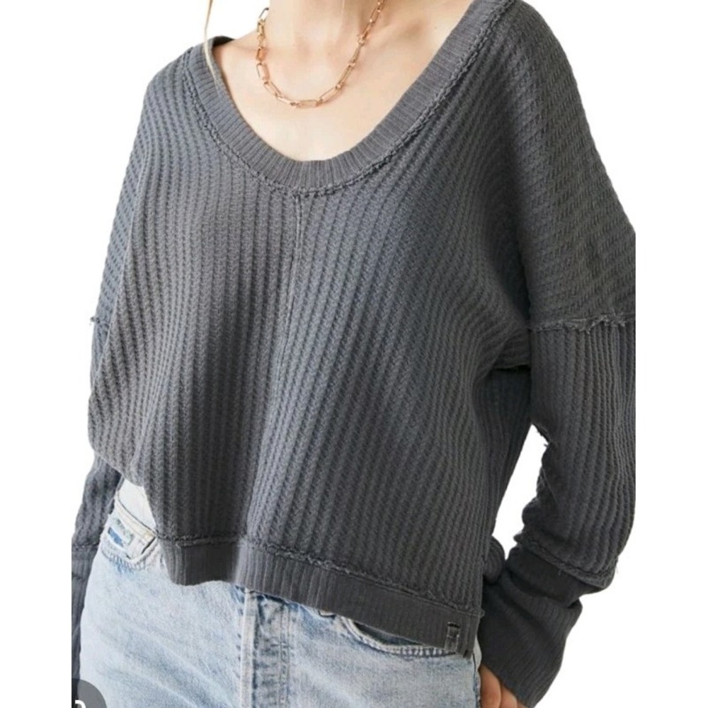 Free People New Magic Thermal Top Women XS Gray Waffle Knit Long Sleeve Cropped